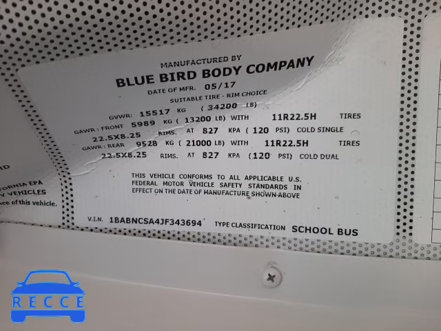 2018 BLUE BIRD SCHOOL BUS 1BABNCSA4JF343694 зображення 9