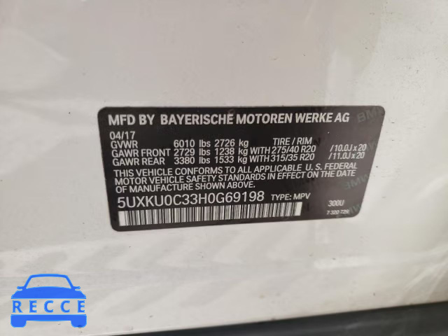 2017 BMW X6 SDRIVE3 5UXKU0C33H0G69198 image 9