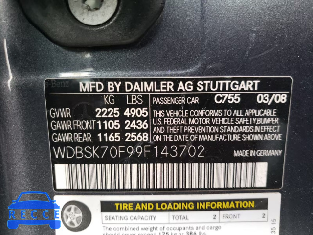 2009 MERCEDES-BENZ SL 63 AMG WDBSK70F99F143702 image 9