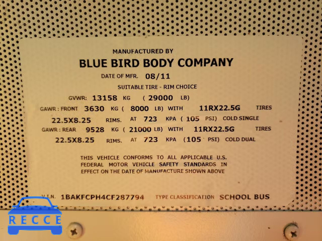 2012 BLUE BIRD SCHOOL BUS 1BAKFCPH4CF287794 зображення 9