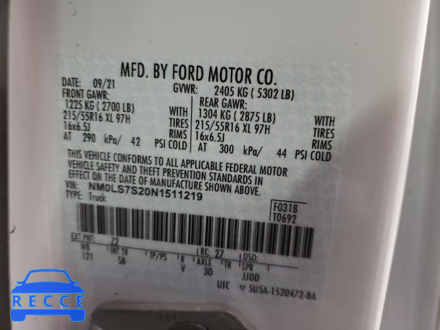 2022 FORD TRANSIT CO NM0LS7S20N1511219 image 9