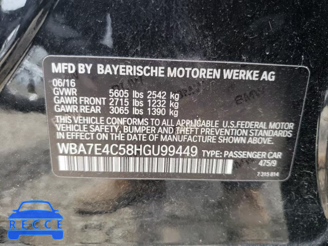 2017 BMW 740 XI WBA7E4C58HGU99449 зображення 9