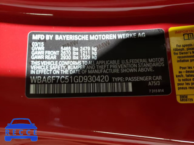 2016 BMW 650 XI WBA6F7C51GD930420 зображення 9