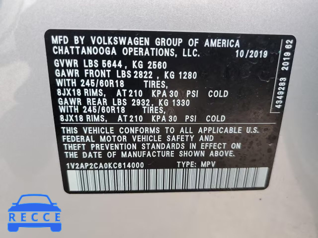 2019 VOLKSWAGEN ATLAS S 1V2AP2CA0KC614000 image 9