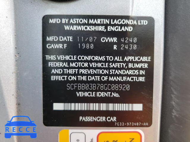 2008 ASTON MARTIN V8 VANTAGE SCFBB03B78GC08920 image 9