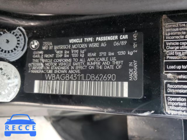 1990 BMW 735 I AUTO WBAGB4311LDB62690 image 9