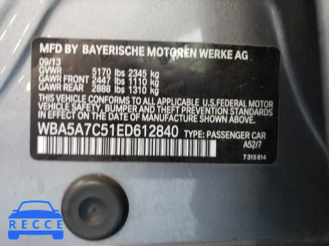 2014 BMW 525XI WBA5A7C51ED612840 зображення 9