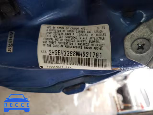 1992 HONDA CIVIC SI 2HGEH3388NH521781 Bild 9