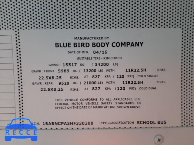 2017 BLUE BIRD SCHOOL BUS 1BABNCPA3HF330308 Bild 9