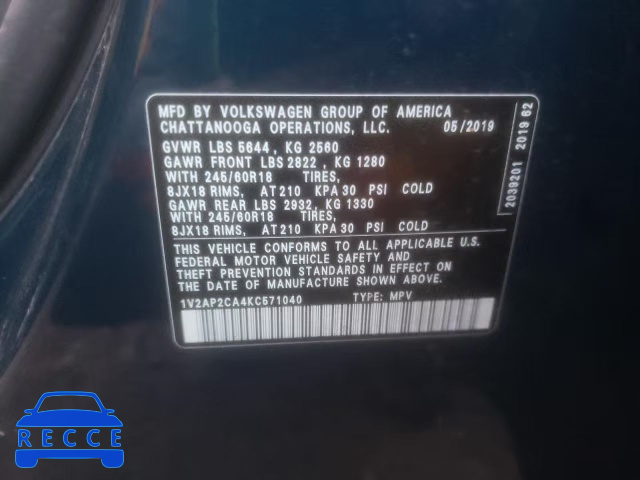 2019 VOLKSWAGEN ATLAS S 1V2AP2CA4KC571040 зображення 9