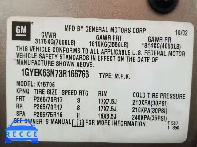 2003 CADILLAC ESCALADE L 1GYEK63N73R166763 Bild 9