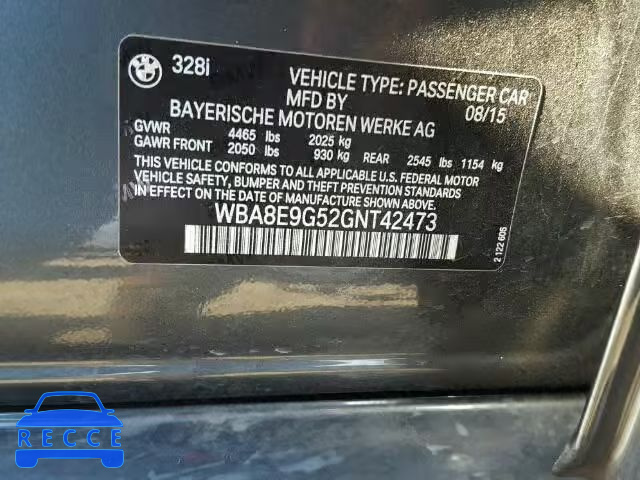2016 BMW 328I SULEV WBA8E9G52GNT42473 зображення 9