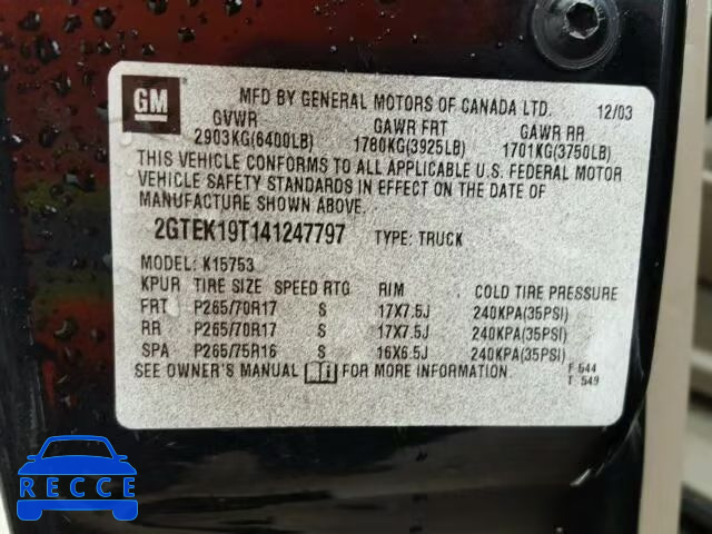2004 GMC SIERRA K15 2GTEK19T141247797 image 9