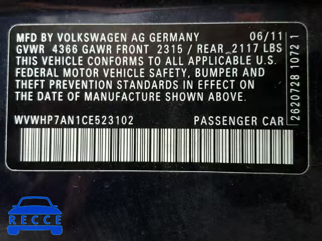 2012 VOLKSWAGEN CC LUXURY WVWHP7AN1CE523102 image 9