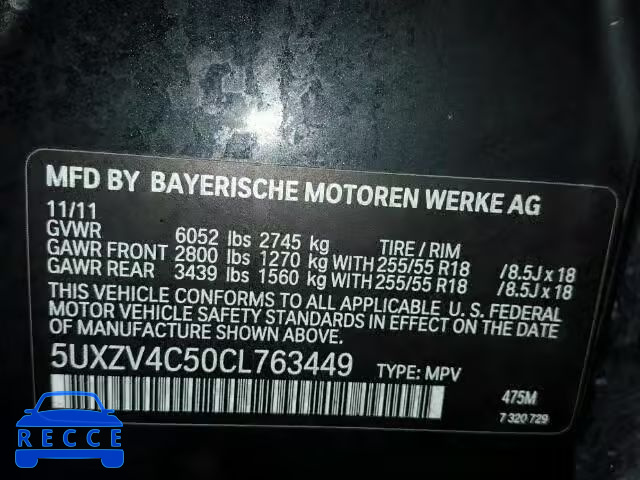 2012 BMW X5 XDRIVE3 5UXZV4C50CL763449 image 9
