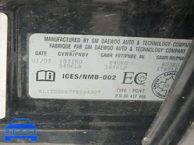 2007 CHEVROLET AVEO LT KL1TG55677B134397 image 9