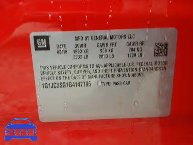 2016 CHEVROLET SONIC LT 1G1JC5SG1G4147796 image 9
