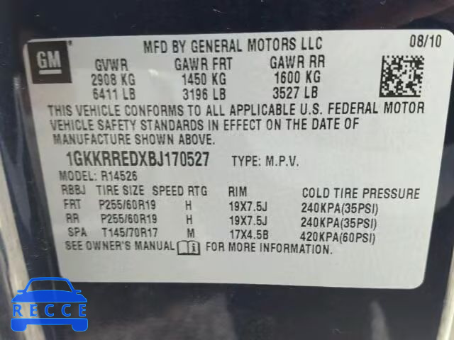 2011 GMC ACADIA SLT 1GKKRREDXBJ170527 image 9