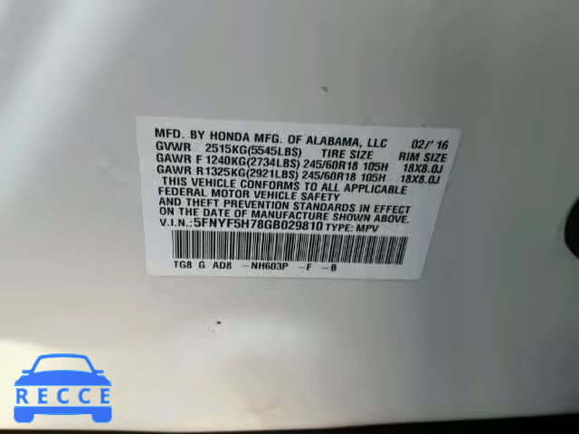 2016 HONDA PILOT EXLN 5FNYF5H78GB029810 Bild 9