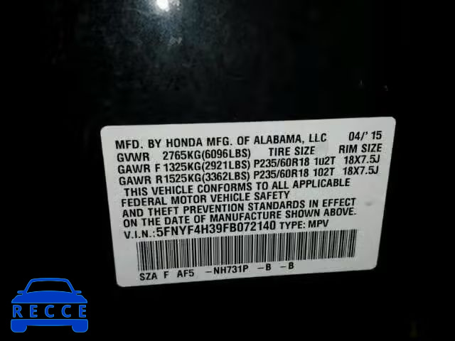 2015 HONDA PILOT SE 5FNYF4H39FB072140 image 9