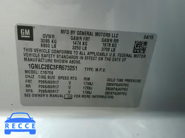 2015 CHEVROLET TAHOE C150 1GNLC2EC3FR673251 image 9