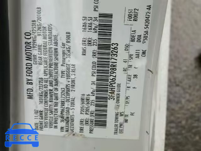 2008 FORD FUSION S 3FAHP06Z98R173263 image 9