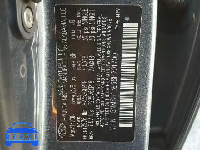 2008 HYUNDAI SANTA FE S 5NMSH13E98H201700 image 9