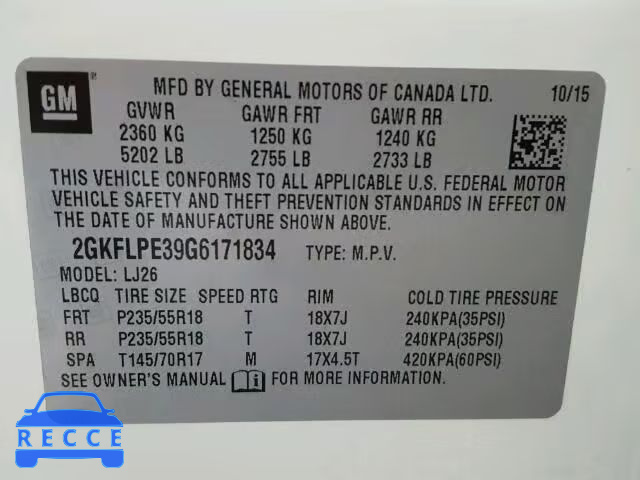 2016 GMC TERRAIN SL 2GKFLPE39G6171834 зображення 9