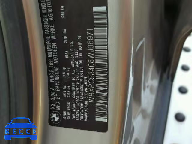 2008 BMW X3 3.0SI WBXPC93408WJ06971 зображення 9
