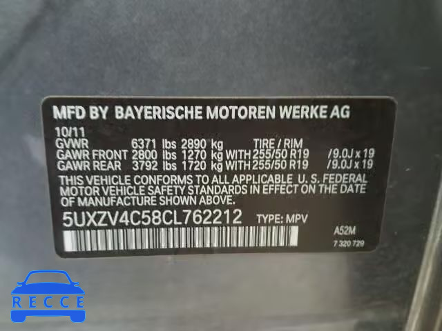 2012 BMW X5 XDRIVE3 5UXZV4C58CL762212 image 9