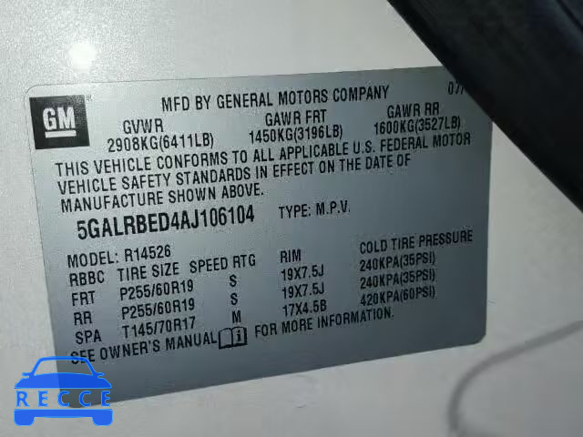 2010 BUICK ENCLAVE CX 5GALRBED4AJ106104 image 9