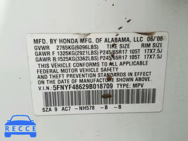 2009 HONDA PILOT EXL 5FNYF48629B018709 image 9