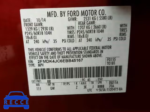 2014 FORD EDGE SEL A 2FMDK4JC6EBB45167 зображення 9