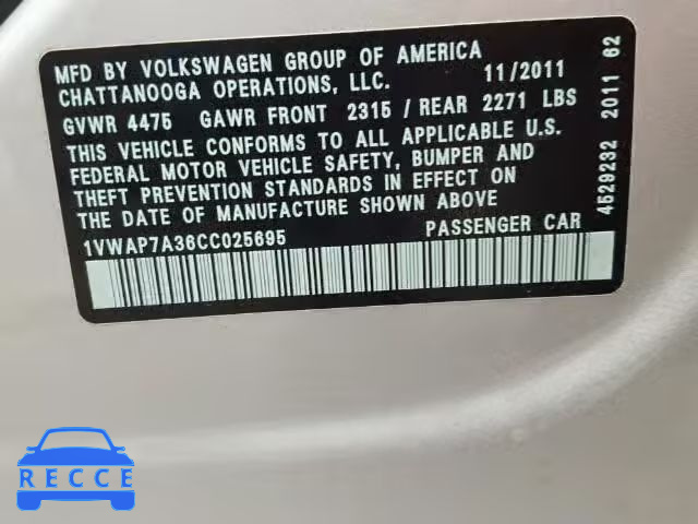 2012 VOLKSWAGEN PASSAT S 1VWAP7A36CC025695 image 9