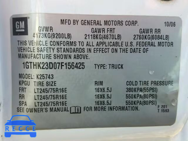 2007 GMC SIERRA K25 1GTHK23D07F156425 image 9