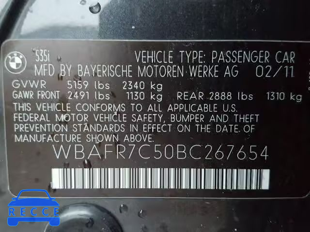 2011 BMW 535I WBAFR7C50BC267654 зображення 9
