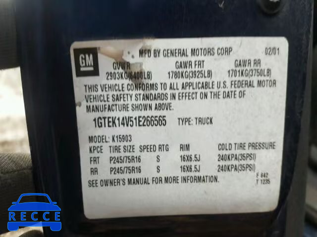 2001 GMC SIERRA K15 1GTEK14V51E266565 image 9