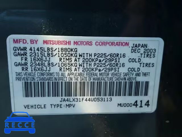 2004 MITSUBISHI OUTLANDER JA4LX31F44U053113 зображення 9