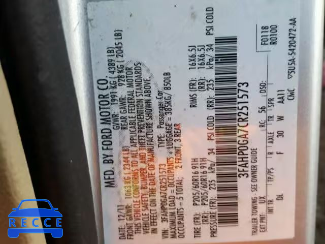 2012 FORD FUSION S 3FAHP0GA7CR251573 image 9