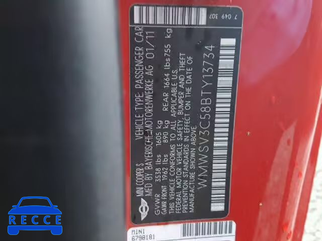2011 MINI COOPER S WMWSV3C58BTY13734 image 9