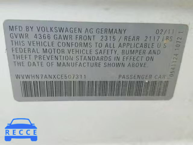 2012 VOLKSWAGEN CC LUXURY WVWHN7ANXCE507311 image 9