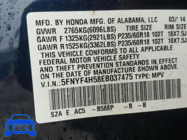 2014 HONDA PILOT EXL 5FNYF4H58EB037475 image 9