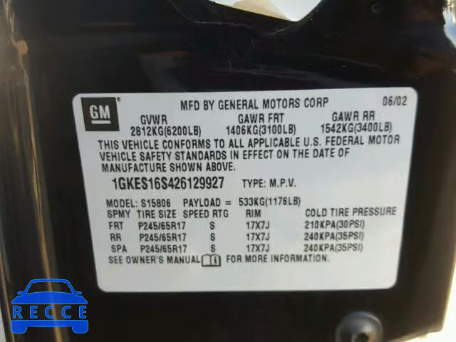 2002 GMC ENVOY XL 1GKES16S426129927 image 9