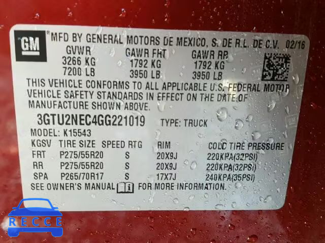 2016 GMC SIERRA K15 3GTU2NEC4GG221019 image 9