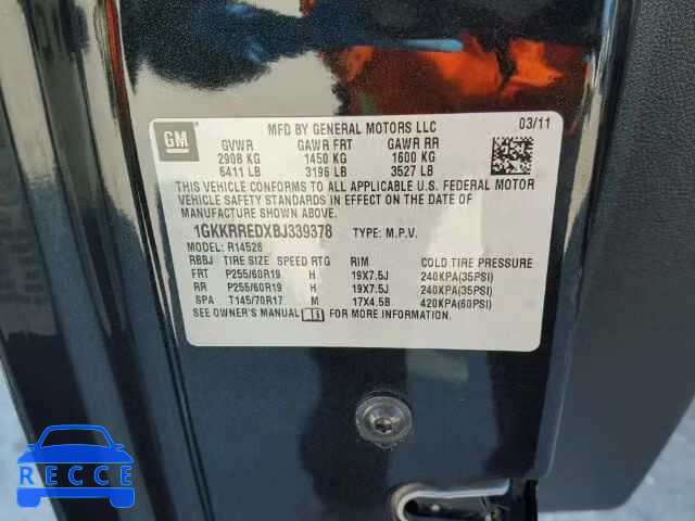 2011 GMC ACADIA SLT 1GKKRREDXBJ339378 image 9