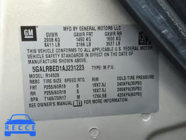 2010 BUICK ENCLAVE CX 5GALRBED1AJ231223 image 9