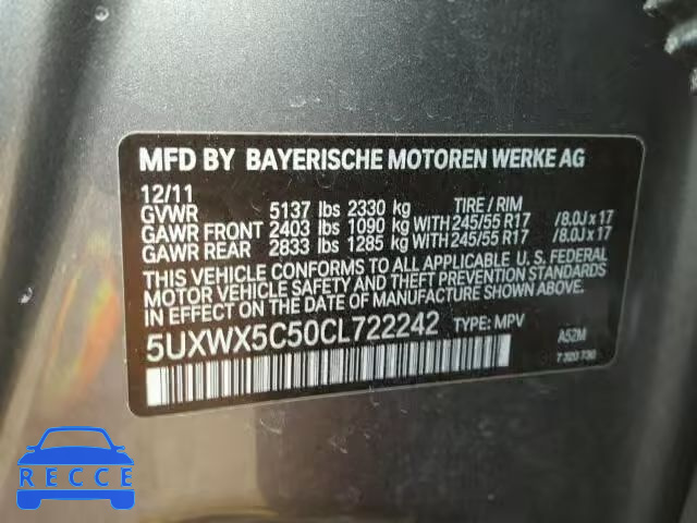 2012 BMW X3 XDRIVE2 5UXWX5C50CL722242 зображення 9