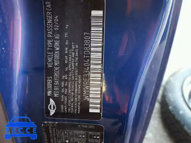 2004 MINI COOPER S WMWRE33404TD83807 image 9