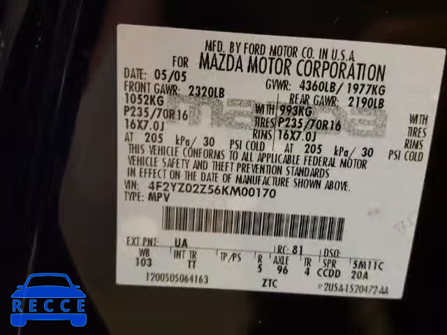 2006 MAZDA TRIBUTE I 4F2YZ02Z56KM00170 зображення 9