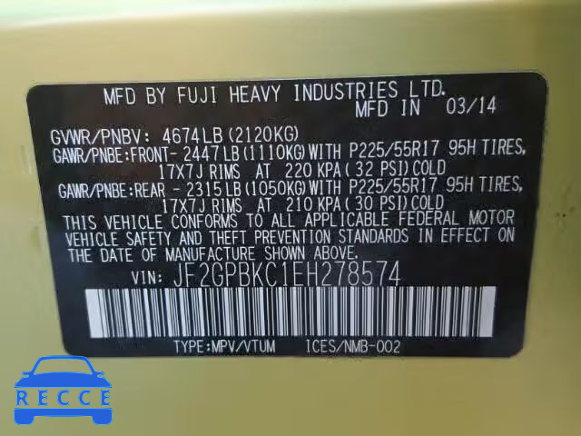 2014 SUBARU XV CROSSTR JF2GPBKC1EH278574 Bild 9